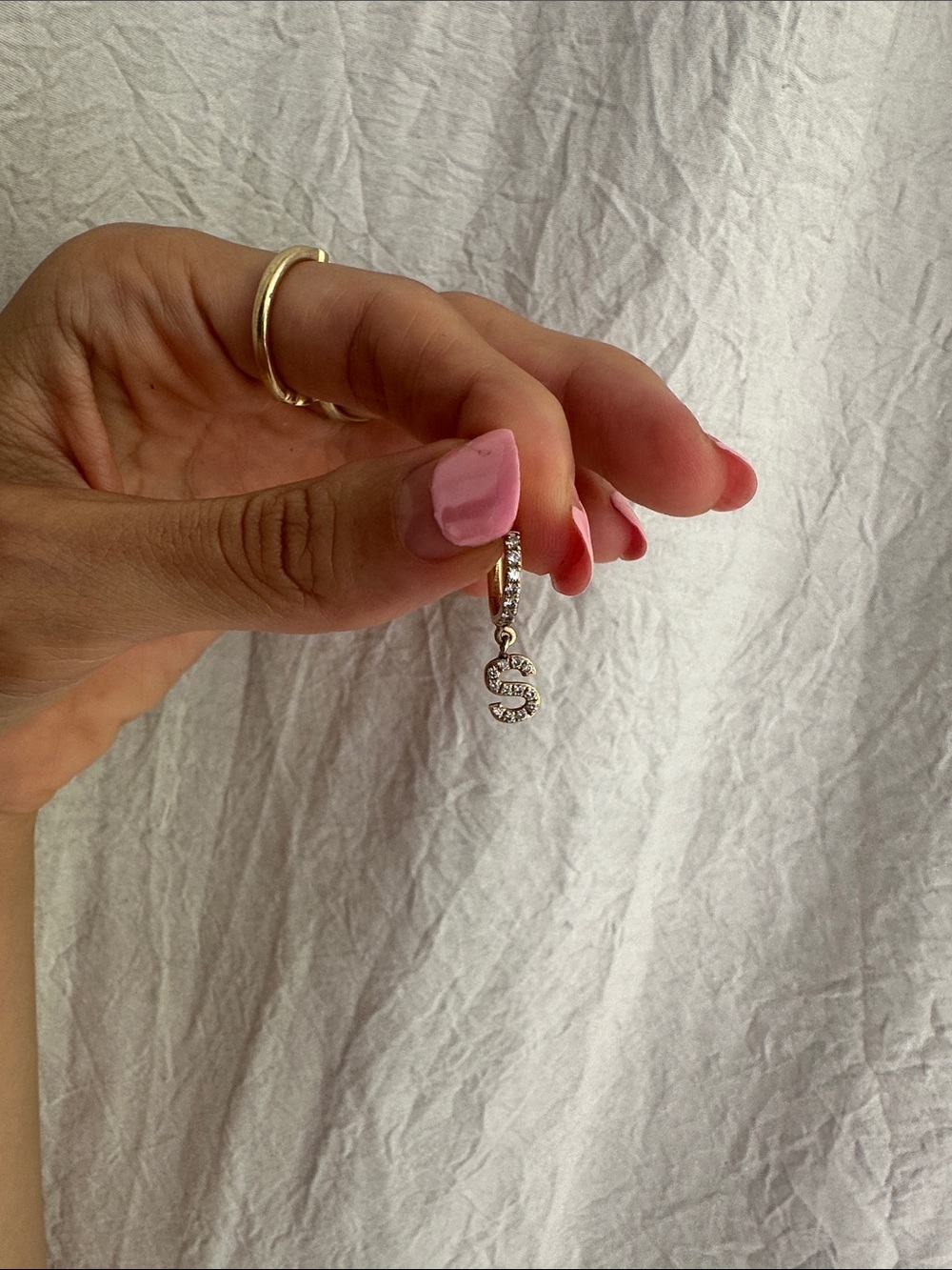 Jacquie Aiche Gold Hoop Earring with Pavé 'S' Charm and Pink Accent